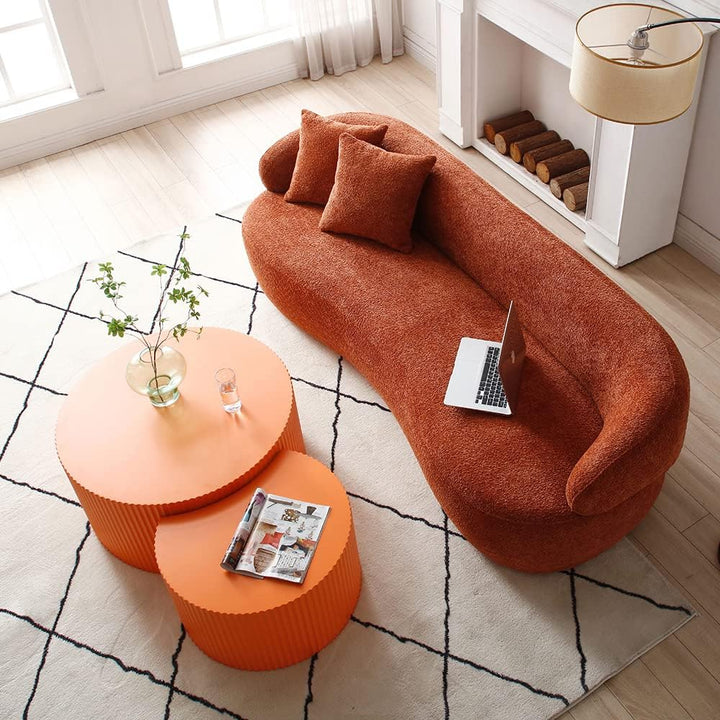 Modern Nesting Coffee Table Set, Round Wooden Drum Tables, Matte Orange