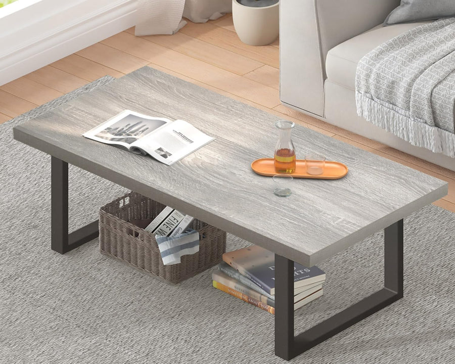 IBF Grey Coffee Table, Wood Metal Coffee Table, Farmhouse Rustic Table, Light Grey Oak