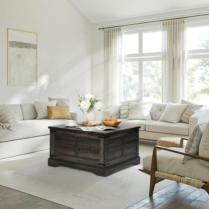 Farmhouse Coffee Table w/ Lift Top Storage, Rustic Wood Table, Dark