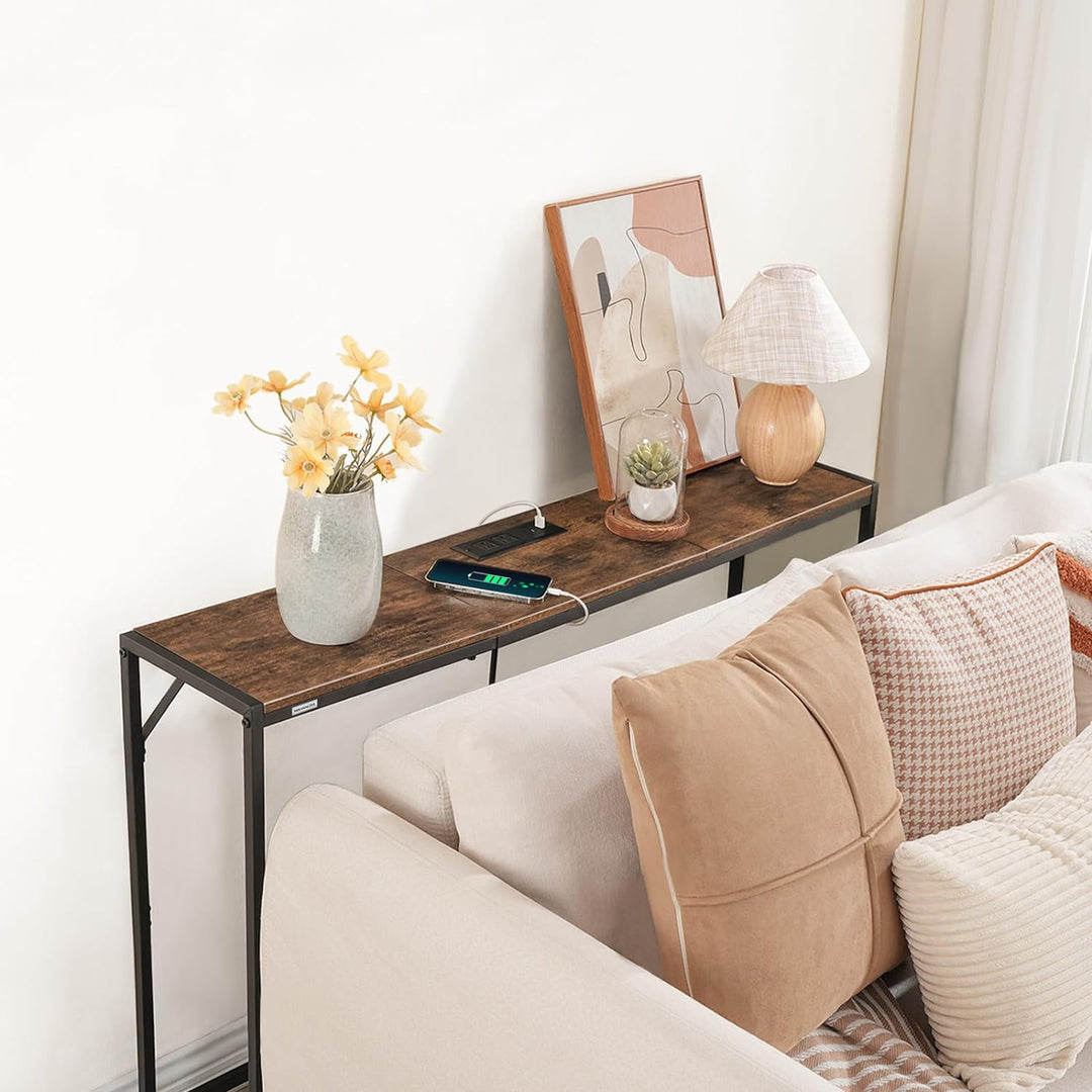 Console Table, Narrow Sofa Table, 43.3" Entrance Table with Power Station, Rustic Brown and Black CTHR112E01