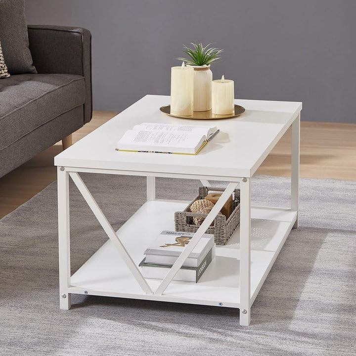 Rustic Coffee Table with Storage Shelf, Modern Living Room Furniture, White Oak