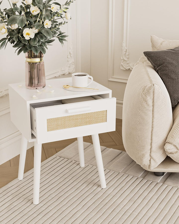 Wooden Nightstands with Rattan Weaving Drawer Storage