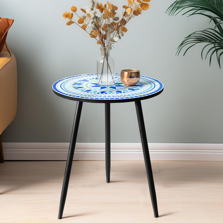 Round Accent End Table, 16" Ceramic Tile Top, Metal