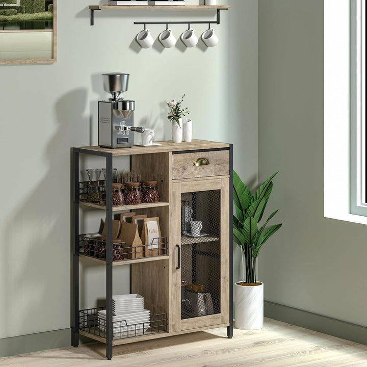 Versatile 3-Tier Coffee Bar Cabinet, Adjustable Shelf, Farmhouse Grey