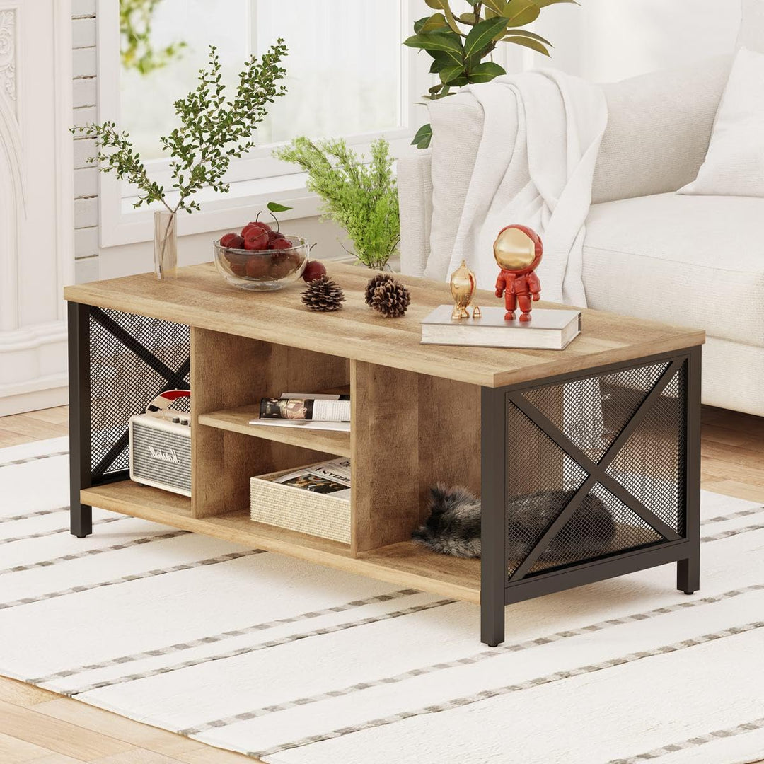 Coffee Table, Rustic Wood Center Table w/Shelves