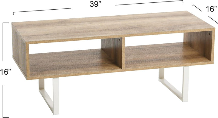 Jamestown TV Stand Coffee Table with Rectangular Storage, Coastal Oak Rustic Wood Grain and White Metal