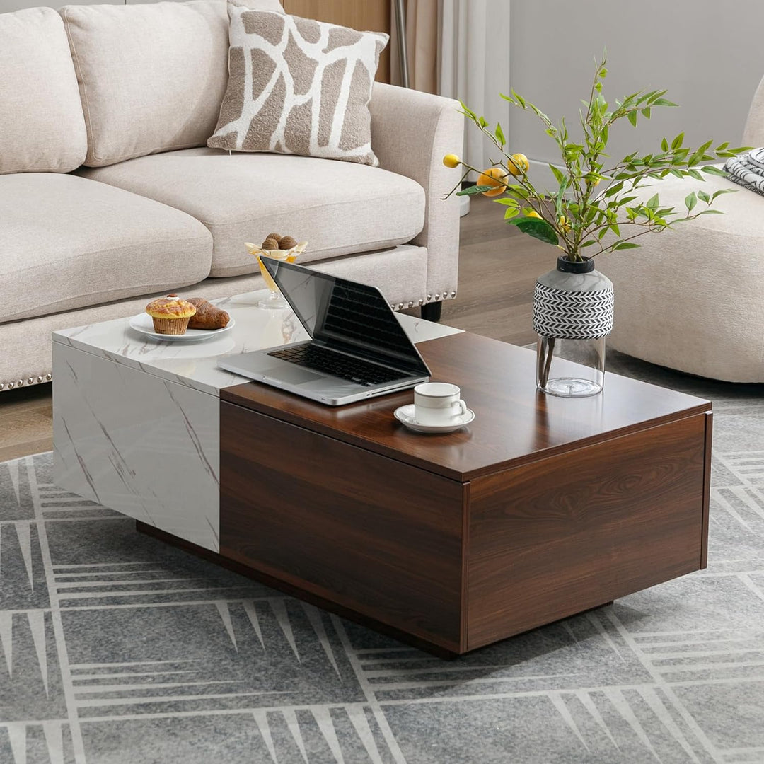 Elegant Walnut and Marble White Coffee Table, Mid-Century Modern