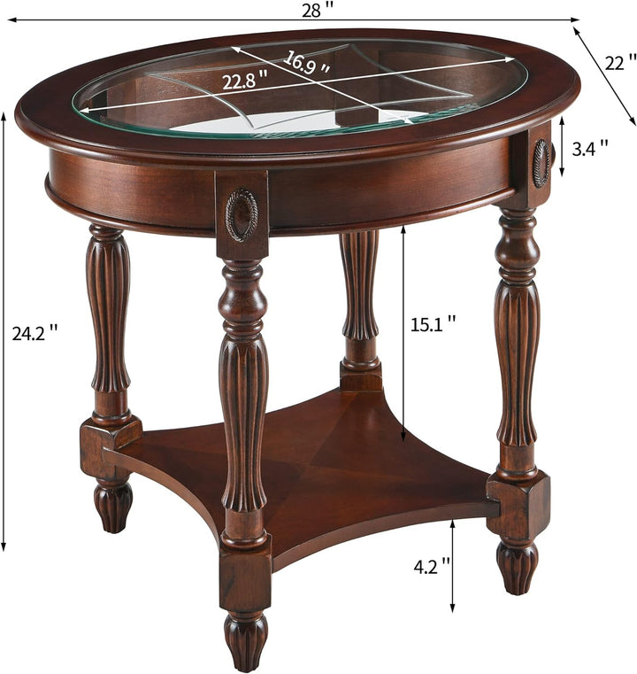 Solid Wood Oval End Table w/ Glass Top