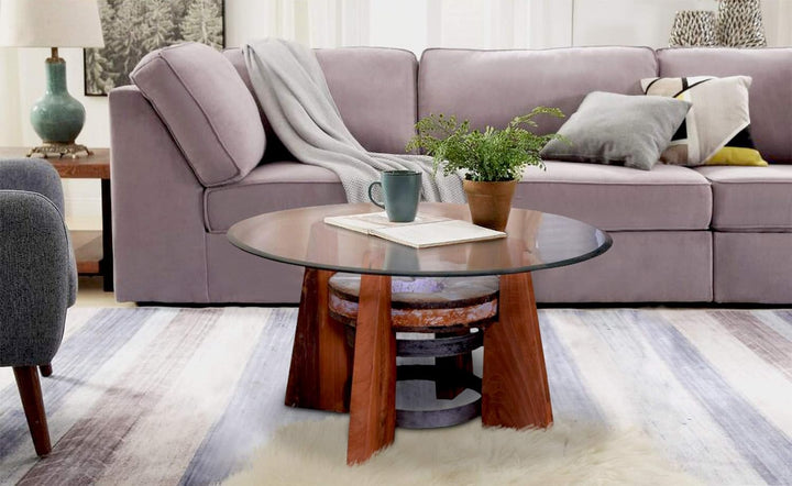 Round Coffee Table for Living Room - Designe Gallarie Accent Wooden Glass Table, Rustic Wood & Stone, Natural Finish, Brown