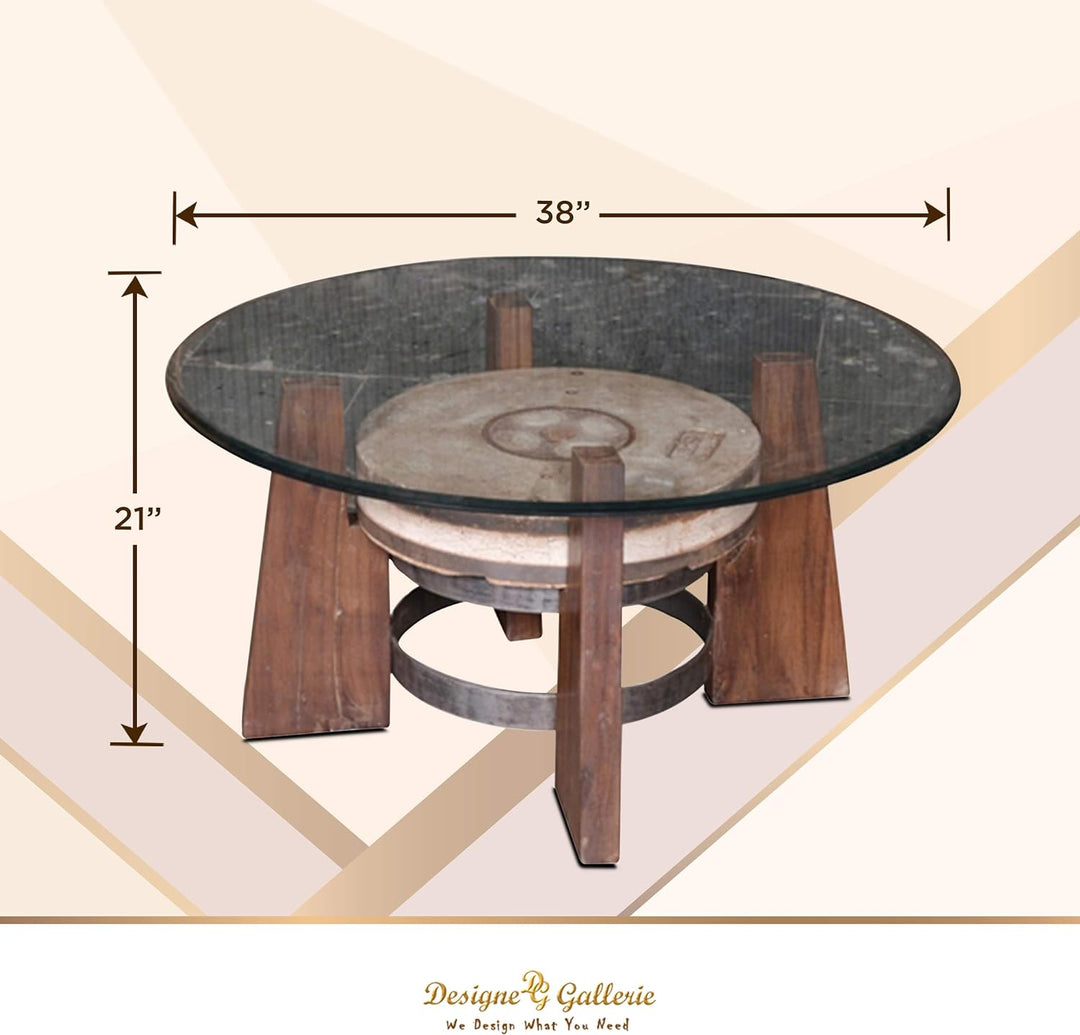 Round Coffee Table for Living Room - Designe Gallarie Accent Wooden Glass Table, Rustic Wood & Stone, Natural Finish, Brown