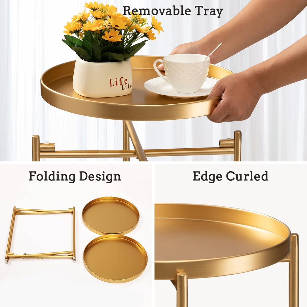 2 Tier Gold Side Table, Folding Round Metal End Table