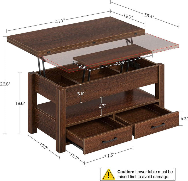 Multifunctional Coffee Table with Lift Top, Drawers, Hidden Compartment, Espresso