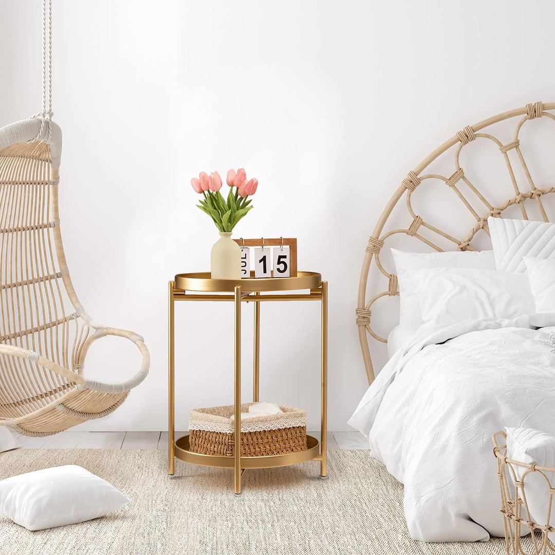 2 Tier Gold Side Table, Folding Round Metal End Table