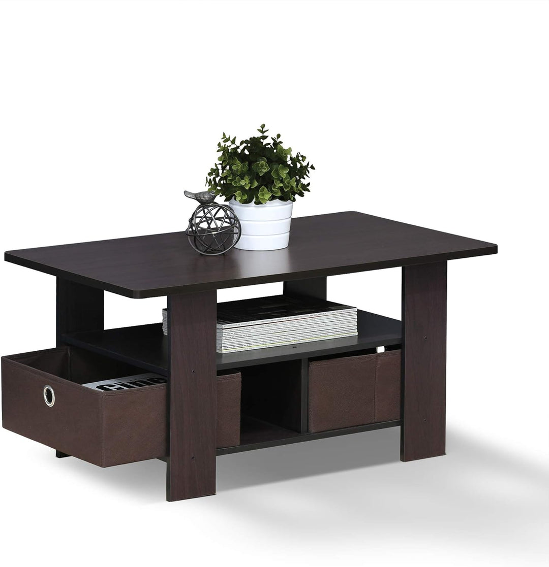 Furinno Andrey Coffee Table with Bin Drawer, Dark Walnut