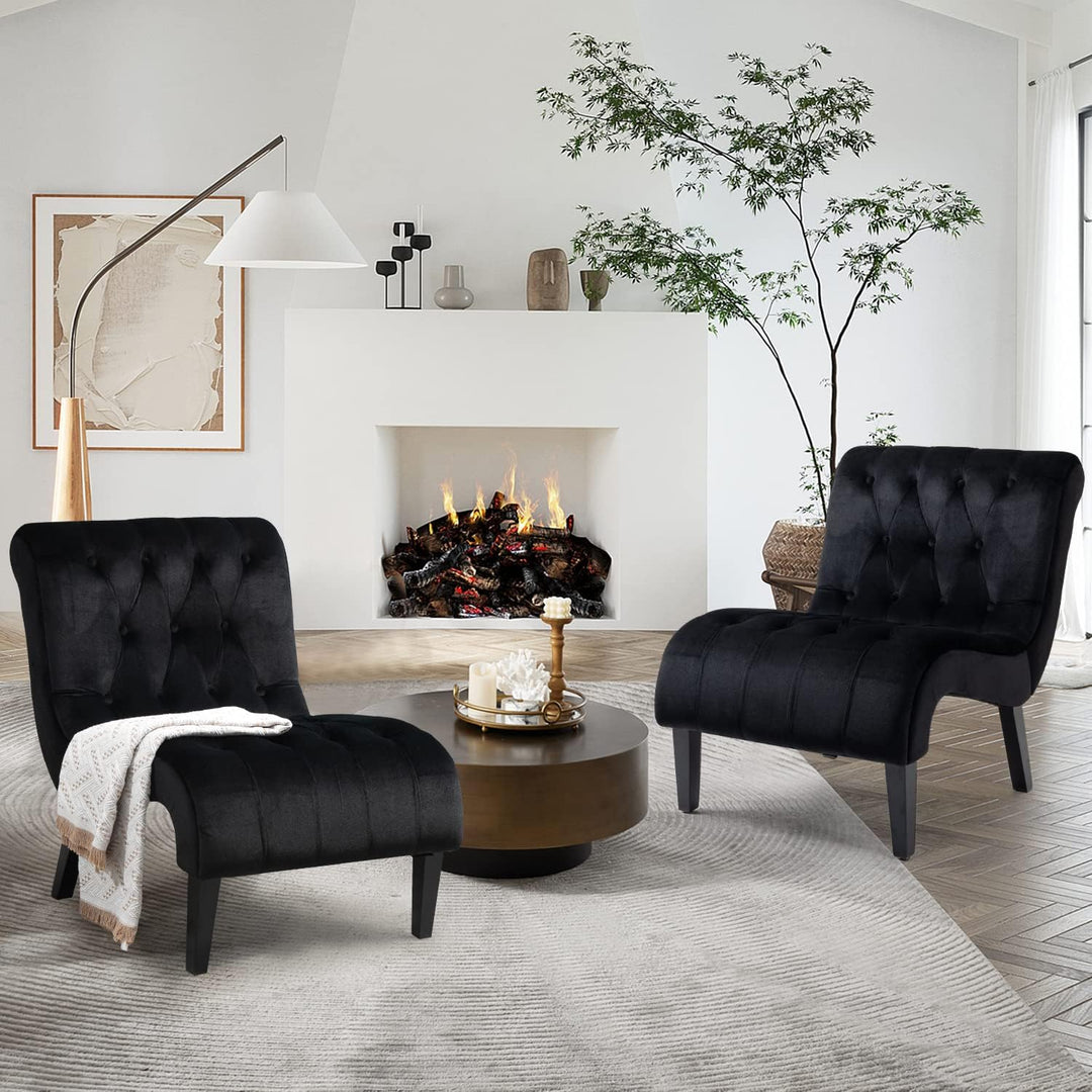 Armless Accent Chair Set of 2, Upholstered Button Tufted Living Room Chairs, Black