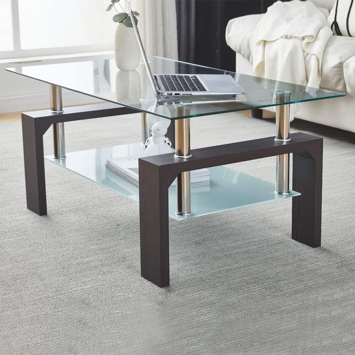 Walnut Rectangular Coffee Table, Glass Tabletop, Adjustable, Brown