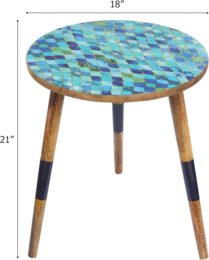 Solid Wood Mosaic End Table - 18" Round x 21"H -COTTON