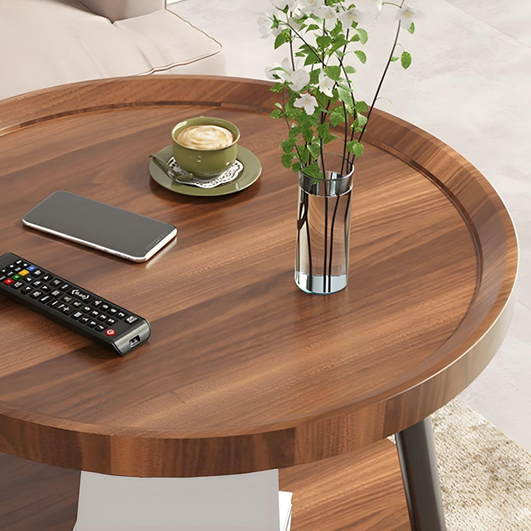 Round Coffee Table, Living Room Table with 2-Tier Storage, Walnut