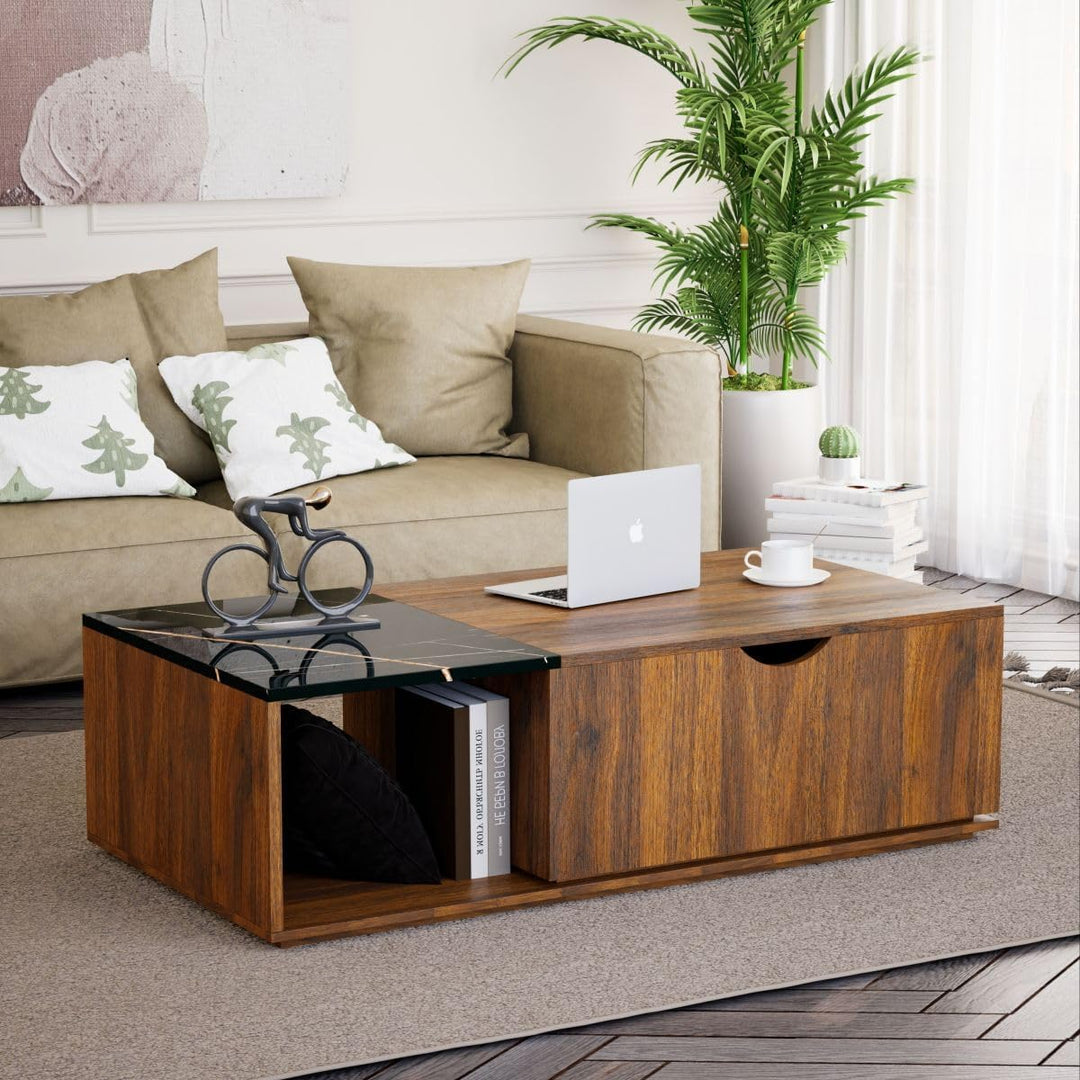 Lift Top Coffee Table with Hidden Compartment, Brown, Marbling