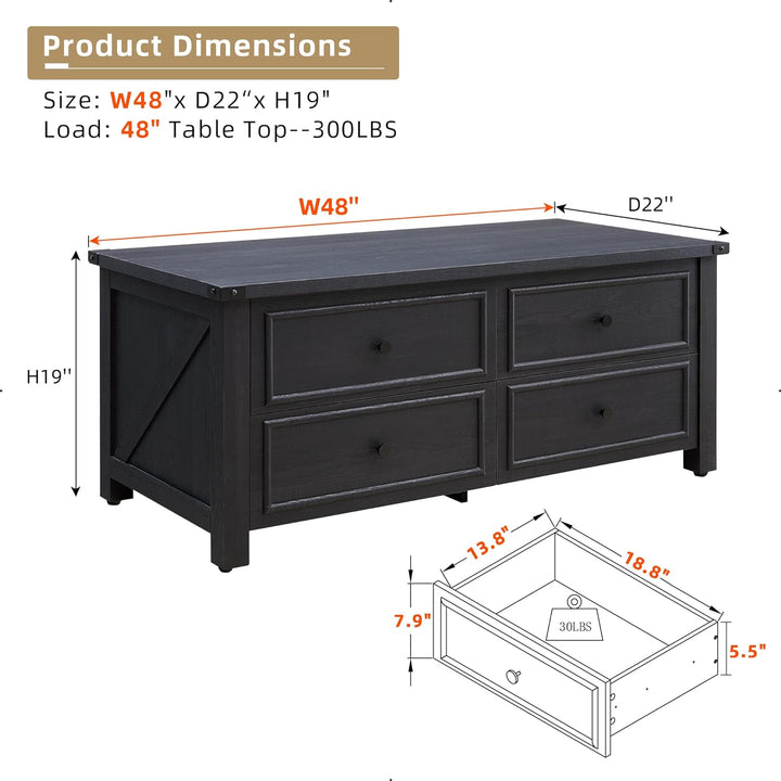 Farmhouse Coffee Table with Storage Drawers, Rustic Cocktail Table, Black