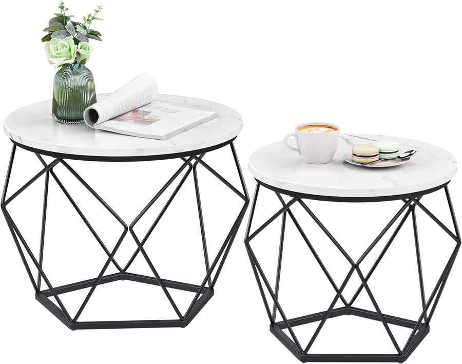 Stylish Small Coffee Table Set, Round Side Tables, Marble White Black