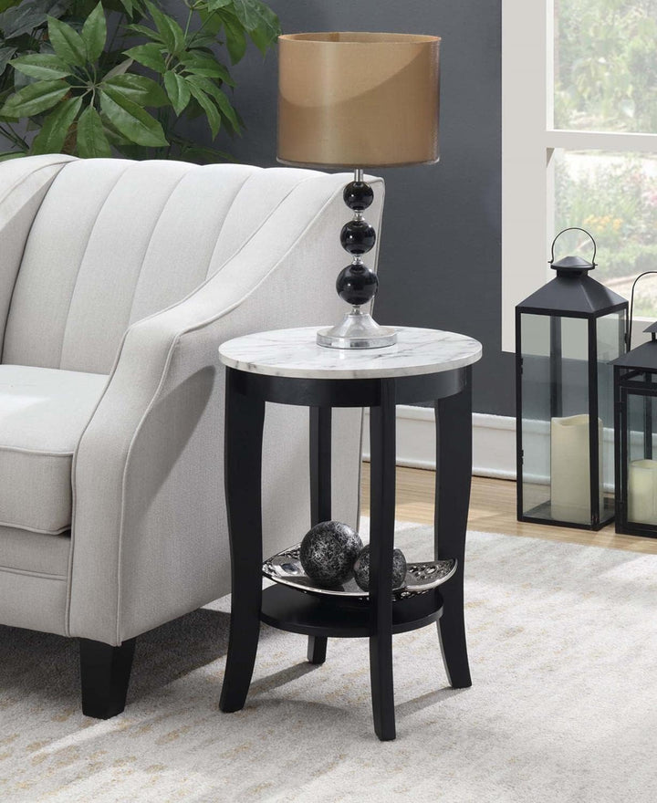 American Heritage Round End Table, White Faux Marble / Black