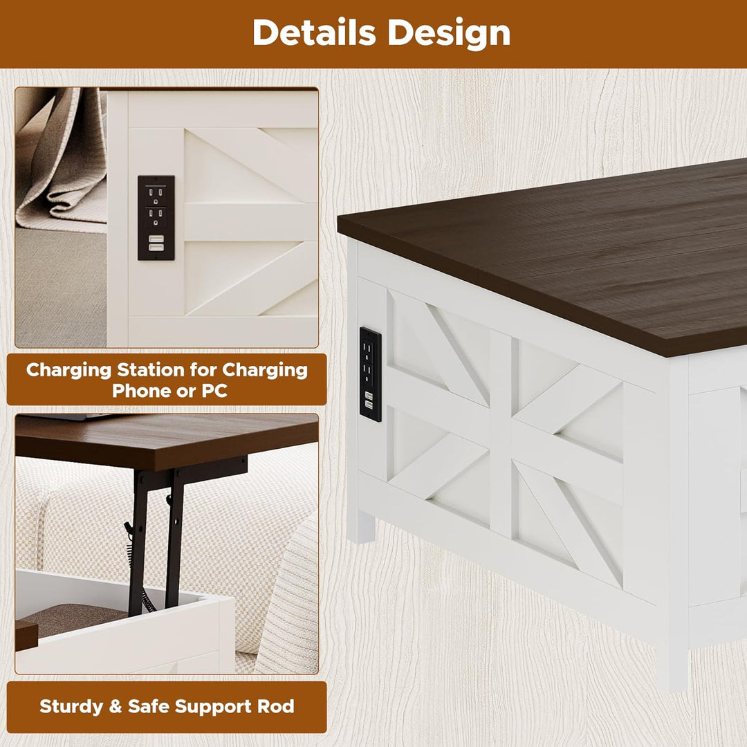 Farmhouse Lift Top Coffee Table with Hidden Storage, Charging Station, USB Ports, White