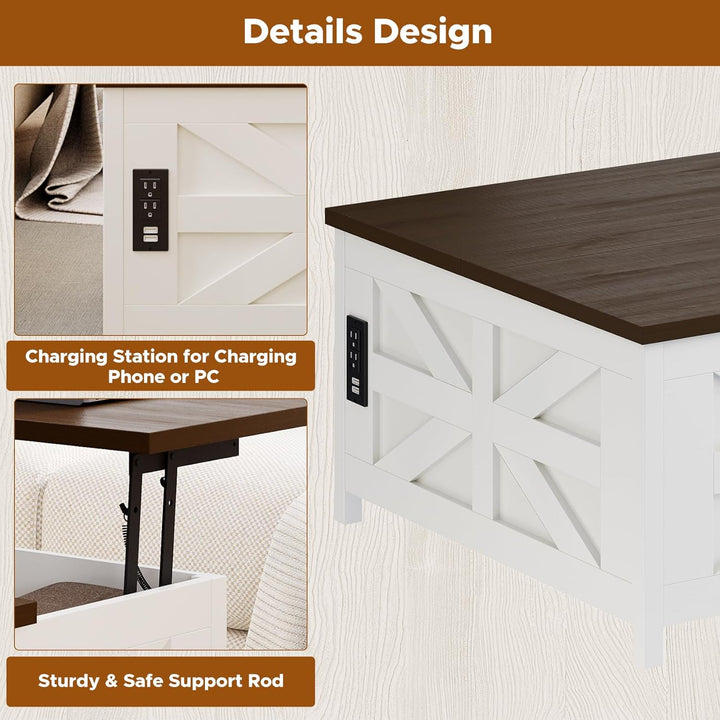 Farmhouse Lift Top Coffee Table with Hidden Storage, Charging Station, USB Ports, White