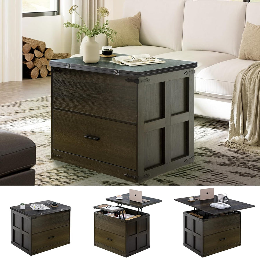 Farmhouse Coffee Table with Lift Top, Storage, Convertible, Dark Gray