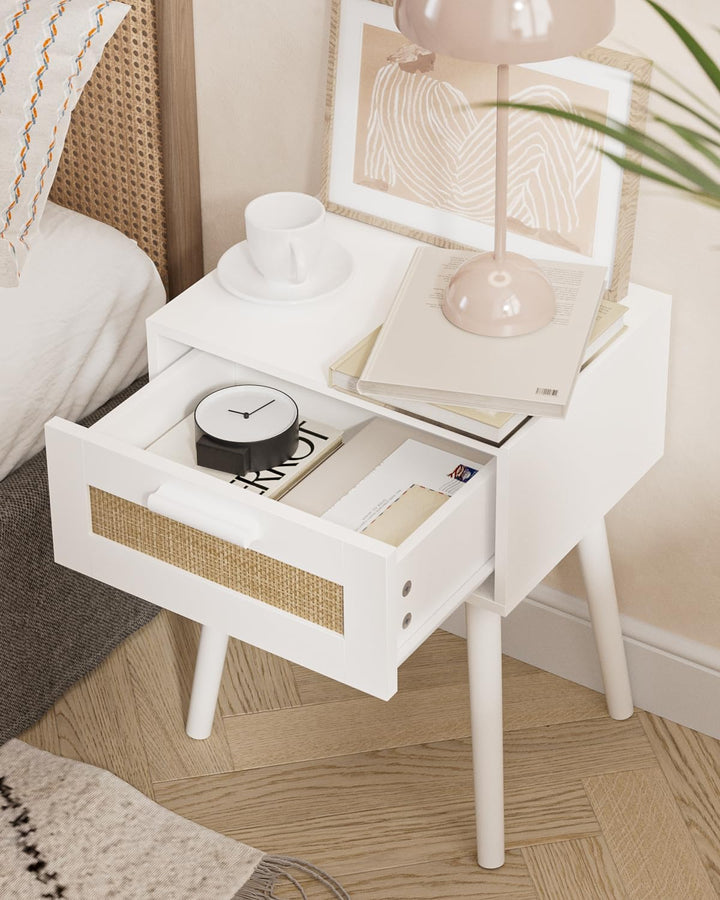 Wooden Nightstands with Rattan Weaving Drawer Storage