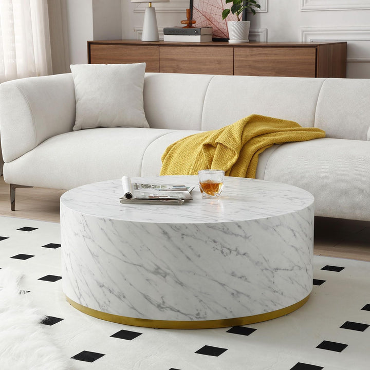 Round Coffee Table, Modern Wood Faux Marble, Drum Nesting, Marble White