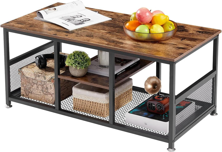 Rustic Brown Coffee Center Table with Storage, Modern Industrial Mesh Shelf