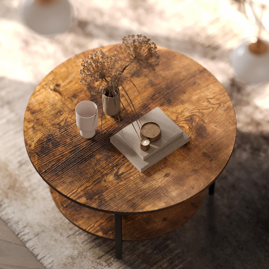 Rustic Brown Round Lift Top Coffee Table with Hidden Storage