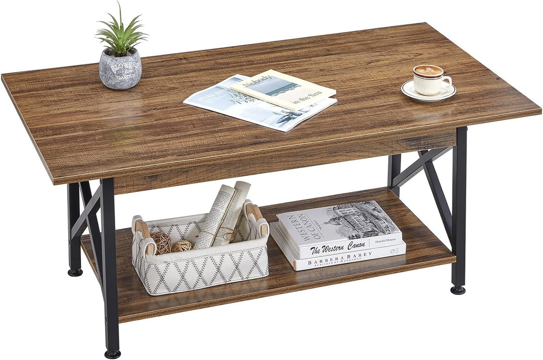 Rustic Farmhouse Coffee Table with Storage Shelf, Large Size