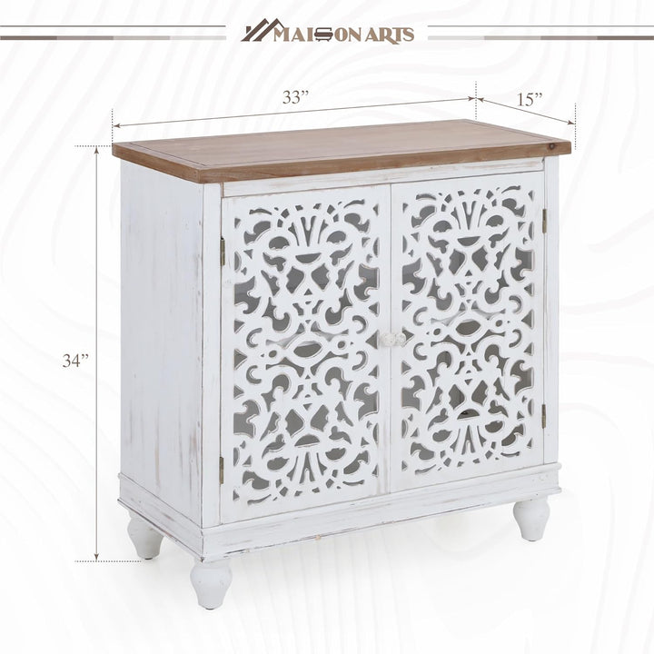 White Sideboard Buffet Cabinet, Hollow-Carved