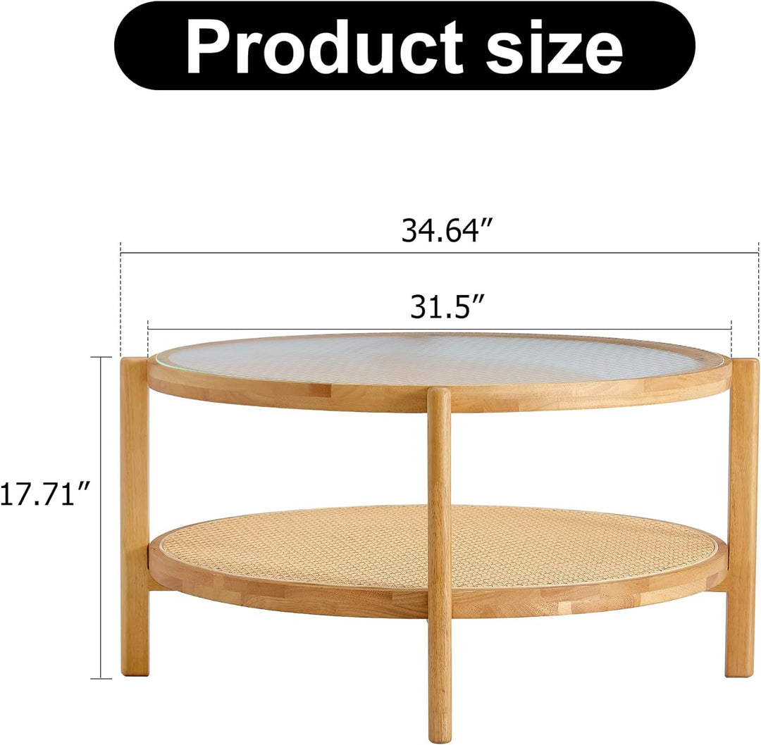 34.64'' Modern Round Coffee Table, 2-Tier Solid Wood Glass Top, E-natural