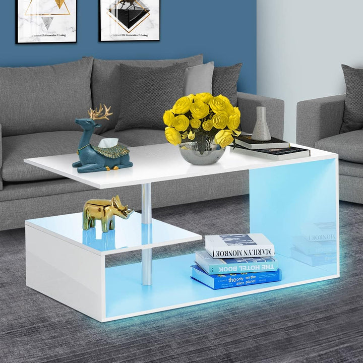 Modern White Coffee Table with S-Shaped 3 Tiers Open Storage Shelf, High Gloss Center Sofa Tea Table with LED Lights, White