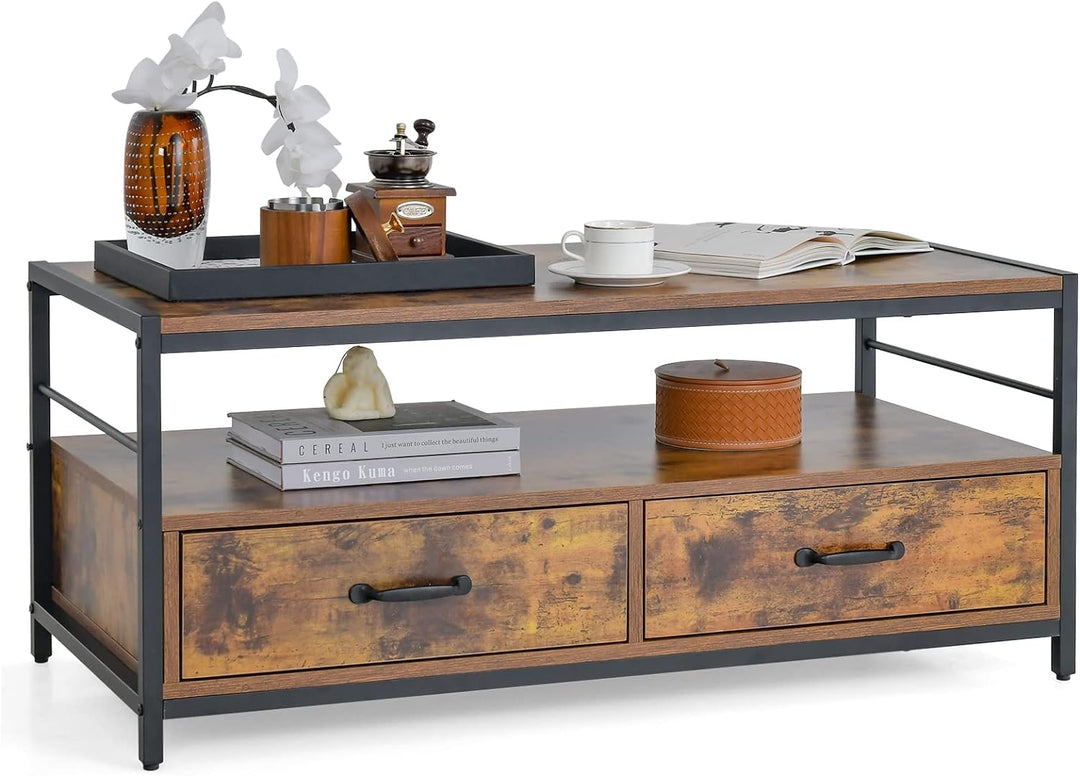 Tangkula Industrial Rectangular Coffee Table, Wooden Accent Console Table, Rustic Brown