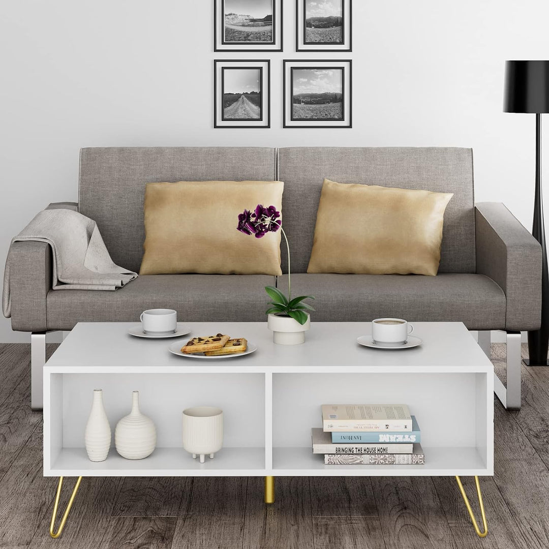 Scurrty Modern Coffee Table with Drawers, Open Shelves, Gold, White