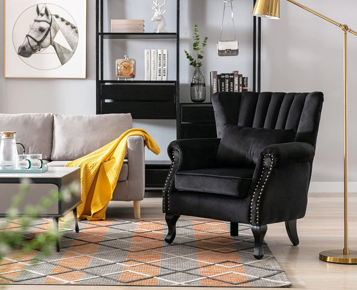 Black Velvet Wingback Chair with Pillow