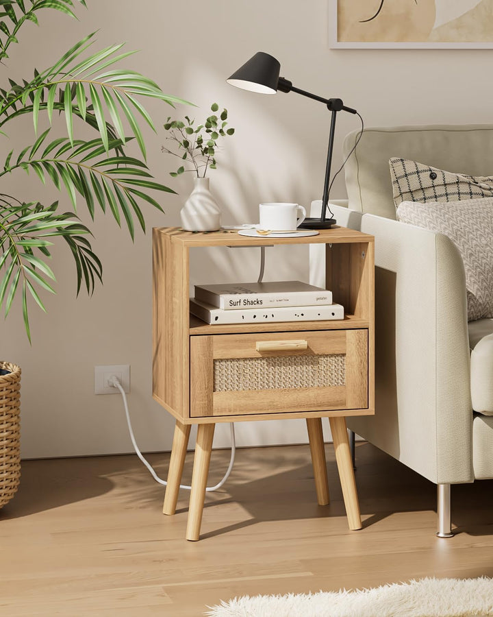 Nightstands with Charging Station, Rattan Drawers