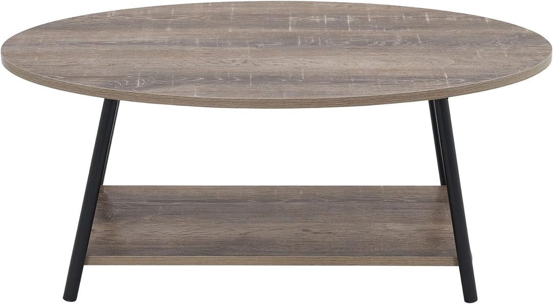 Rustic Oval Coffee Table with Storage Shelf, Distressed Ashwood