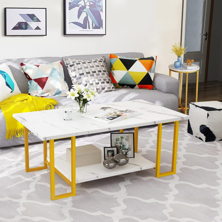 Faux Marble Top Coffee Table with Metal Frame, White Gold