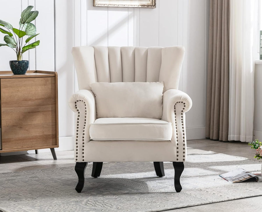 Cream Velvet Wingback Chair with Pillow