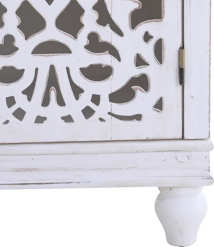 White Sideboard Buffet Cabinet, Hollow-Carved