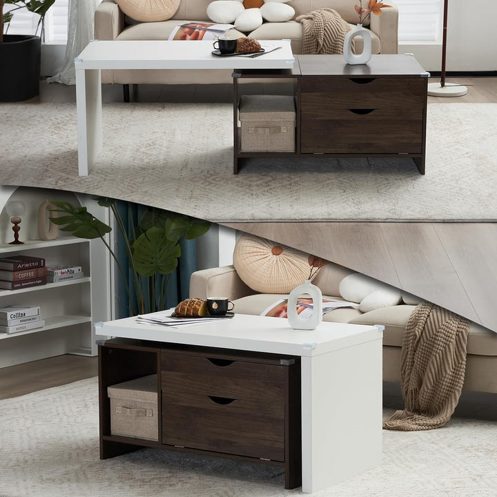 Versatile Extendable Wood Coffee Table with Storage, Walnut & White