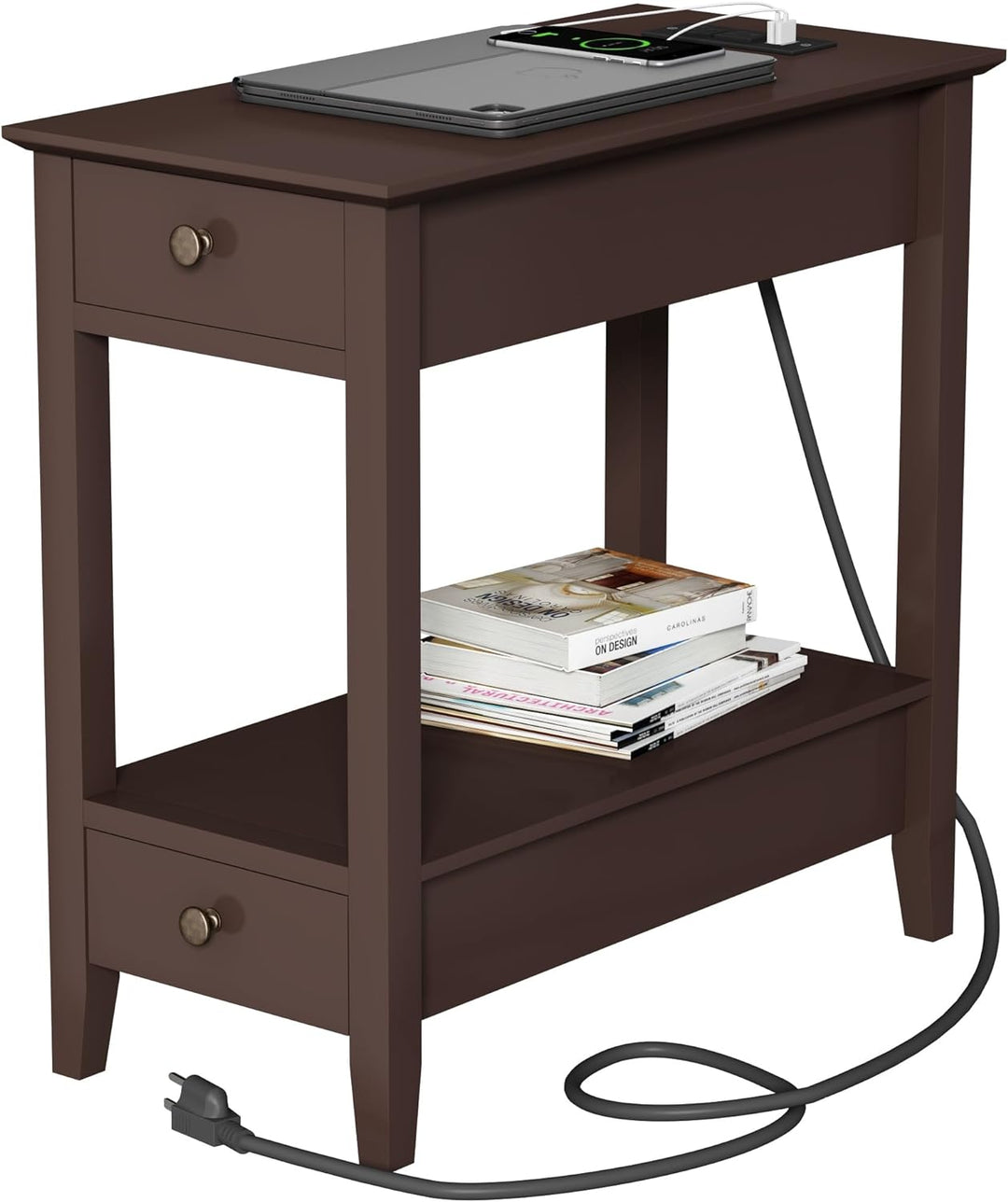 Side Table w/ Charging Station, 2-Drawer Nightstand