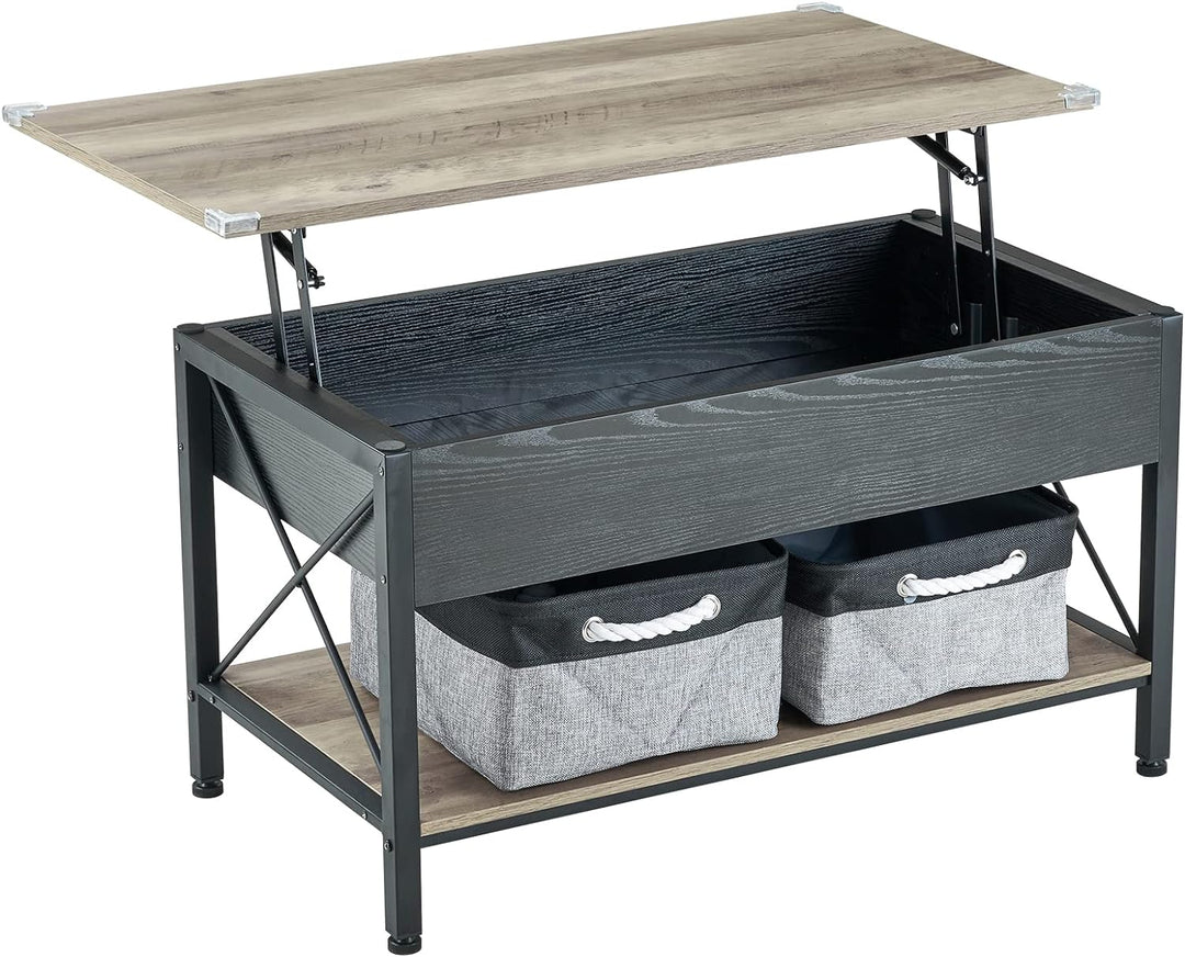 Rustic Farmhouse Grey Coffee Table with Lift Top, Storage Bins