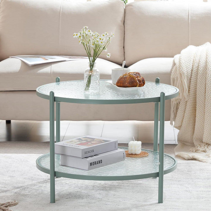 Stylish 2-Tier Round Coffee Table, Water-Wave Glass, Green