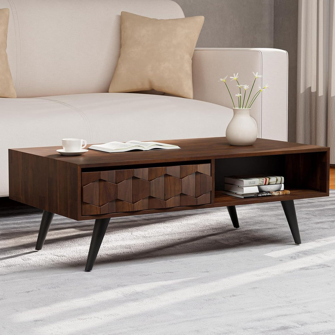 Solid Wood Coffee Table with Symmetrical Storage Drawers, Walnut